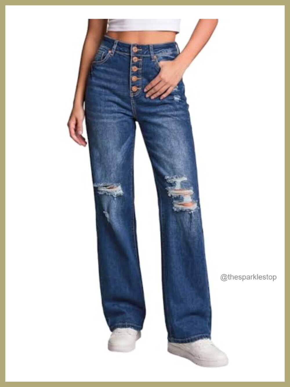 Women's High Waisted Flare Ripped Bell Bottom Jeans Button Fly Stretch